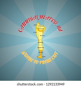 A meat cut chart of a human leg of a fictitious cannibal company for humour concept. Vector illustration.