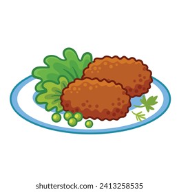 Meat cutlets with green peas and salad on a white plate. Vector illustration in cartoon style on white background. Delicious dinner.