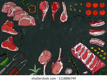 Meat Cuts Assortment - Beef, Pork, Lamb, Steak, Boneless Rump, Ribs Roast, Loin and Rib Chops. Tomato, Olives, Bell Pepper, Onion, Capers, Garlic, Herbs, Fork, Tongs. Black Board Background and Chalk.