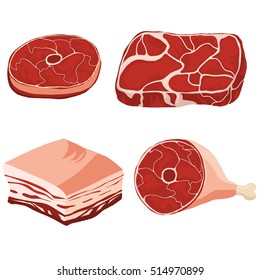 Meat cuts assortment, Fresh meat products - pork, beef, lamb, round steak and whole leg with bone cartoon, BBQ food design, bacon fillet ham. Vector