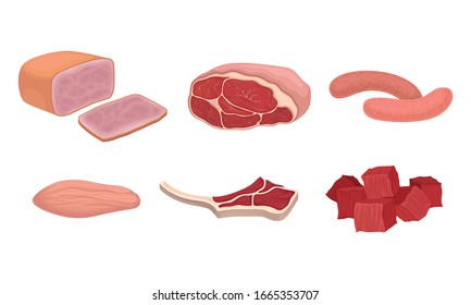 Meat Cuts in Assortment with Rib Roast and Bacon Slab Vector Set