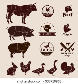  meat cuts, butcher retro emblems and labels set,  design elements and templates, 