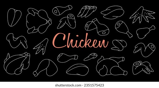 Meat cuts of chicken. Butcher shop. Chicken farming products. Whole chicken, brisket wing, carcass, fillet, ham, leg, breast, shank, drumstick.