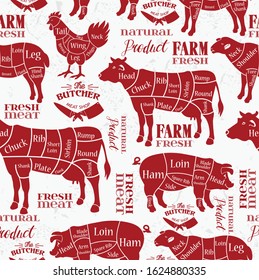 Meat cuts. Diagrams for butcher shop. Animal silhouette. Vector illustration. Seamless pattern.