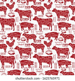 Meat cuts. Diagrams for butcher shop. Animal silhouette. Vector illustration. Seamless pattern.