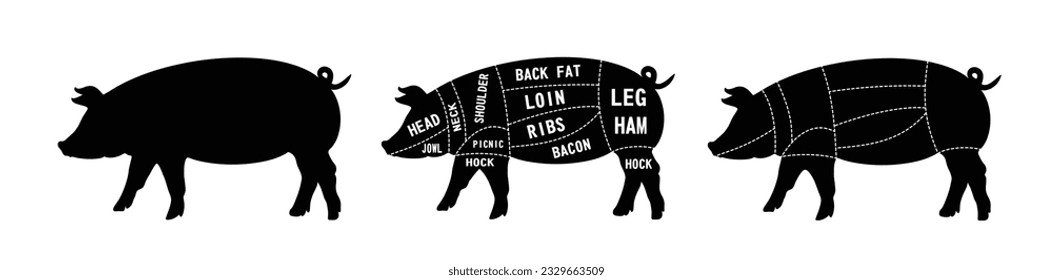 Meat cuts. Diagrams for butcher shop. Scheme of pork. Animal silhouette pork. Vector illustration.