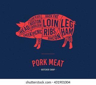Meat cuts. Diagrams for butcher shop. Scheme of pork. Animal silhouette pork. Vector illustration.