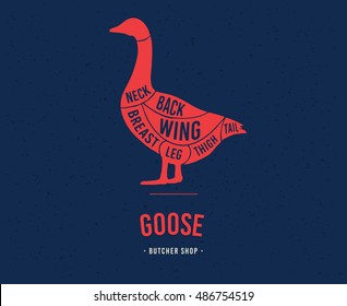 Meat cuts. Diagrams for butcher shop. Scheme of goose. Animal silhouette goose. Vector illustration.