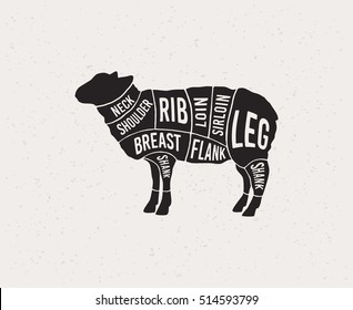 Meat cuts. Diagrams for butcher shop. Scheme of lamb. Animal silhouette lamb. Vector illustration.