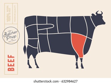 Meat cuts. Diagrams for butcher shop. Scheme of beef. Animal silhouette beef. Vector illustration.