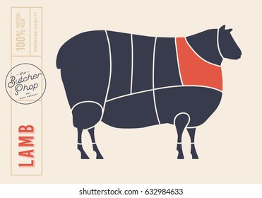Meat cuts. Diagrams for butcher shop. Scheme of lamb. Animal silhouette lamb. Vector illustration.