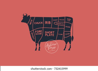 Meat cuts. Diagrams for butcher shop. Scheme of beef. Animal silhouette beef. Vector illustration.