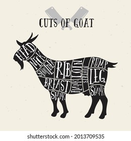 Meat cuts - goat. Diagrams for butcher shop. Scheme of goat. Animal silhouette goat. Guide for cutting. Vintage vector illustration.