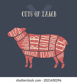 Meat cuts - lamb. Diagrams for butcher shop. Scheme of lamb. Animal silhouette lamb. Guide for cutting. Vintage vector illustration.