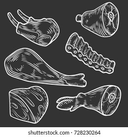 Meat cuts, parts, chop hand drawn butchery vector set. Engraved meat collection chalkboard.