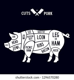 Meat cuts - pork. Diagrams for butcher shop. Scheme of pork. Animal silhouette pork. Guide for cutting. Vintage vector illustration.