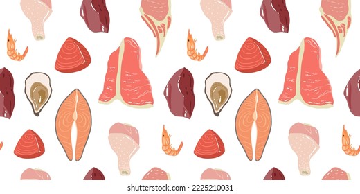 Meat cuts seamless pattern background. Fresh pork chop, beef, ham, chicken, turkey leg and fish fillet, oysters, tuna and shrimp. Food background for butchery shop design