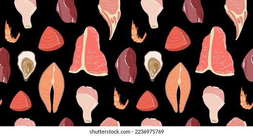 Meat cuts seamless pattern background. Fresh pork chop, beef, ham, chicken, turkey leg and fish fillet, oysters, tuna and shrimp. Food background for butchery shop design