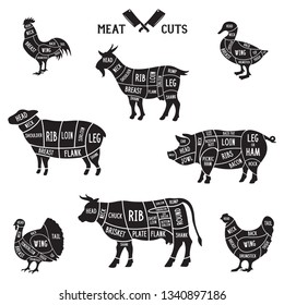 Meat cuts set. Diagrams for butcher shop. Scheme of chicken, beef, pork etc. Animal silhouettes. Guide for cutting. Vintage vector illustration.