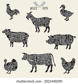 Meat cuts set. Diagrams for butcher shop. Scheme of chicken, beef, pork etc. Animal silhouettes. Guide for cutting. Vintage vector illustration.