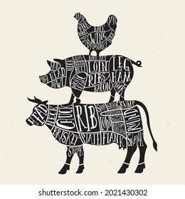 Meat cuts set. Diagrams for butcher shop. Scheme of chicken, beef, pork etc. Animal silhouettes. Guide for cutting. Vintage vector illustration.