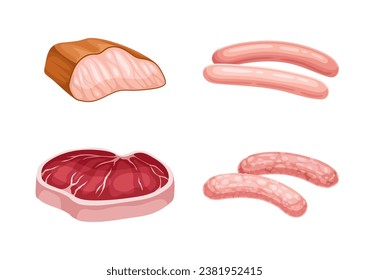 Meat cuts set. Sausage and beef, pork. Products with protein. Natural and organic food and eating. Template and layout. Cartoon flat vector collection isolated on white background