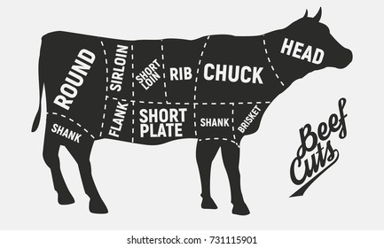 Meat cuts. Vintage Poster for butcher shop.  Retro diagram.