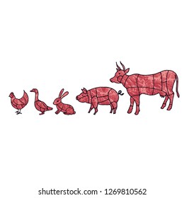 meat cutting diagram, pieces of beef, pork, bull, lamb, rabbit, hare, chicken, duck, goose and Turkey meat menu diagram. A set of symbols of meat, beef, pork, chicken, lamb. Meat menu template.