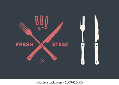 Meat cutting knives and forks set. Steak, butcher and BBQ supplies. Poster steak knife and grill fork. Set of butcher meat knife, fork for butcher shop and design butcher themes. Vector Illustration