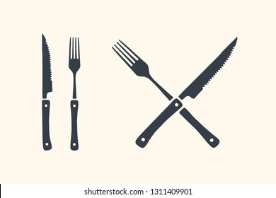 Meat cutting knives and forks set. Steak, butcher and BBQ supplies. Poster steak knife and grill fork. Set of butcher meat knife, fork for butcher shop and design butcher themes. Vector Illustration