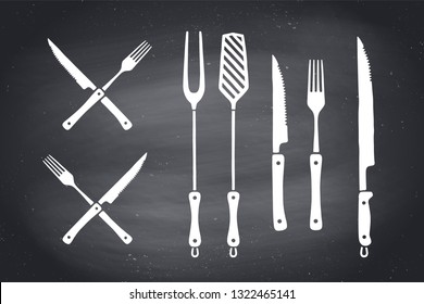 Meat cutting knives and forks set. Steak, butcher and BBQ supplies - barbecue grill tools. Set of bbq stuff, tools for steak house, restaurant, kitchen poster. Design meat themes. Vector illustration