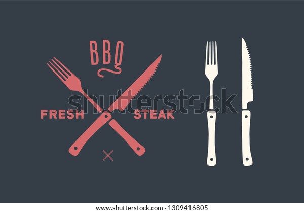 Meat cutting knives and forks set. Steak,\
butcher and BBQ supplies. Poster steak knife and grill fork. Set of\
butcher meat knife, fork for butcher shop and design butcher\
themes. Vector\
Illustration