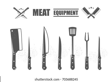 Meat cutting knives set. Meat equipment. Set of butcher meat knives for butcher shop and design butcher themes. 