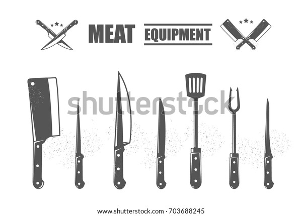 Meat cutting\
knives set. Meat equipment. Set of butcher meat knives for butcher\
shop and design butcher themes.\
