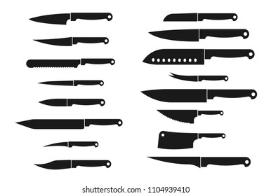 Meat cutting knives set. Kitchen metal knife isolated vector silhouettes. Knife chef, metal cut tool for cooking illustration