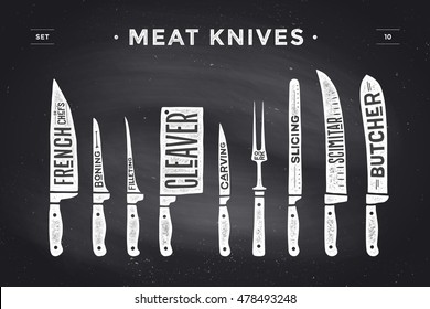 Meat cutting knives set. Poster Butcher diagram and scheme - Meat Knife. Set of butcher meat knives for butcher shop and design butcher themes. Vintage typographic hand-drawn. Vector illustration