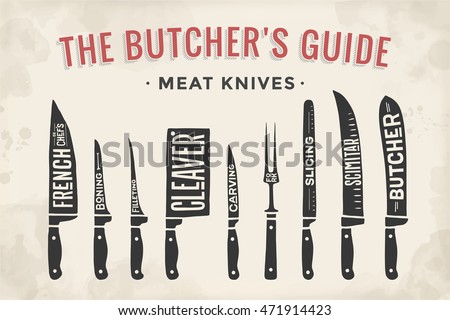 Meat cutting knives set. Poster Butcher diagram and scheme - Meat Knife. Set of butcher meat knives for butcher shop and design butcher themes. Vintage typographic hand-drawn. Vector illustration