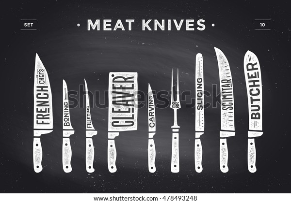 Meat cutting knives set. Poster Butcher\
diagram and scheme - Meat Knife. Set of butcher meat knives for\
butcher shop and design butcher themes. Vintage typographic\
hand-drawn. Vector\
illustration