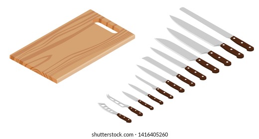 Meat cutting knives set and wooden cutting board. Set of butcher meat knives for butcher shop and design butcher themes