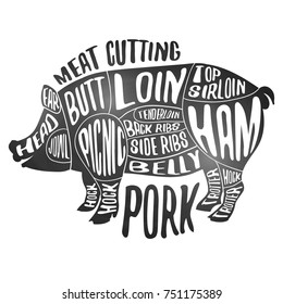 Meat cutting - pork. White chalkboard poster. Cut of pig meat set. Butcher diagram, scheme and guide - Pork. Vintage typographic handdrawn vector design.