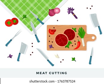 Meat cutting vector illustration in flat design. Meat cooking concept.