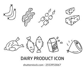 Meat and dairy product icon pack . Sausages, bacon, pig, skewers, cheese block, whole chicken, fish, carton of milk and turkey. Hand drawn meat and dairy product