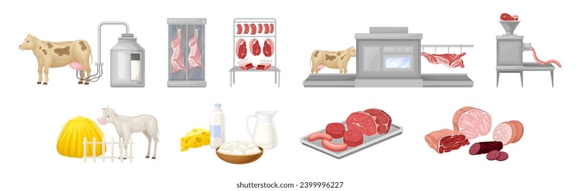 Conjunto de vectores de procesos de fabricación de productos lácteos y carnes