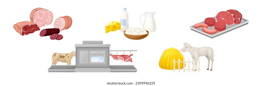 Meat and Dairy Product Manufacture Process Vector Set