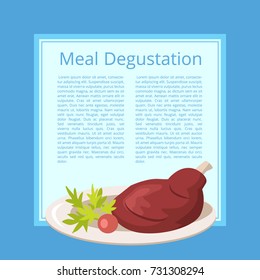 Meat degustation, poster having image of plate full of meal which is meat, tomato and parsley vector illustration isolated on blue