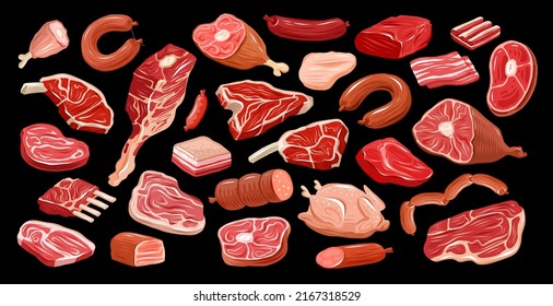 Meat delicacies set for butcher shop menu design. Farm organic food collection vector illustration