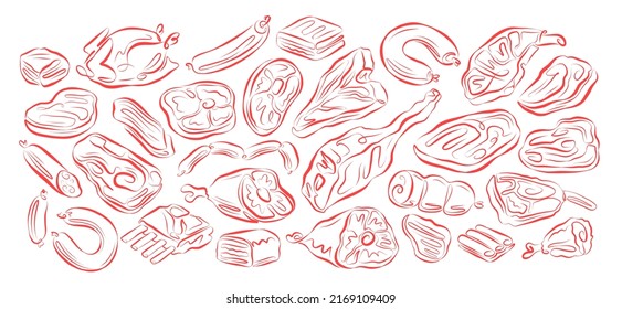 Meat delicacies set for butcher shop menu design. Farm organic food collection vector illustration