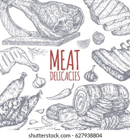 Meat delicacies tamplate based on hand drawn sketches of cold meats, sausages, grilled chicken and ribs, jamon. Great for market, restaurant, grill cafe, food label design.