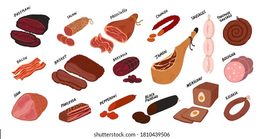 Meat Delicatessen set. Sausages and meat deli delicatessen from all over the world. Flat style cartoon vector Illustration on a white background