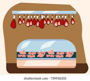 meat department, pork shelf with fresh beef and steak food in supermarket fridge, big choice of organic farm products sale in shop interior, store with sausage vector illustration